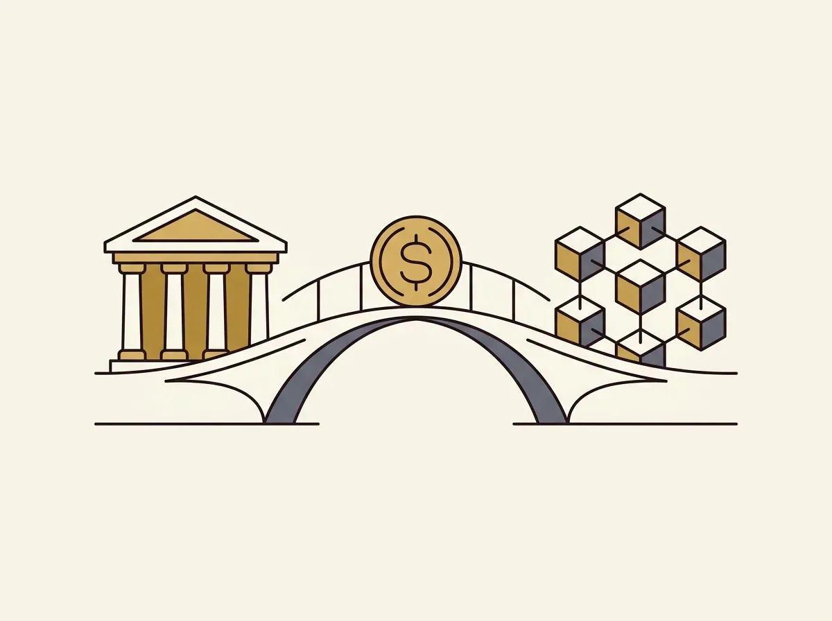A bridge connecting traditional finance to a blockchain network, with a stablecoin flowing across, symbolizing efficient access.