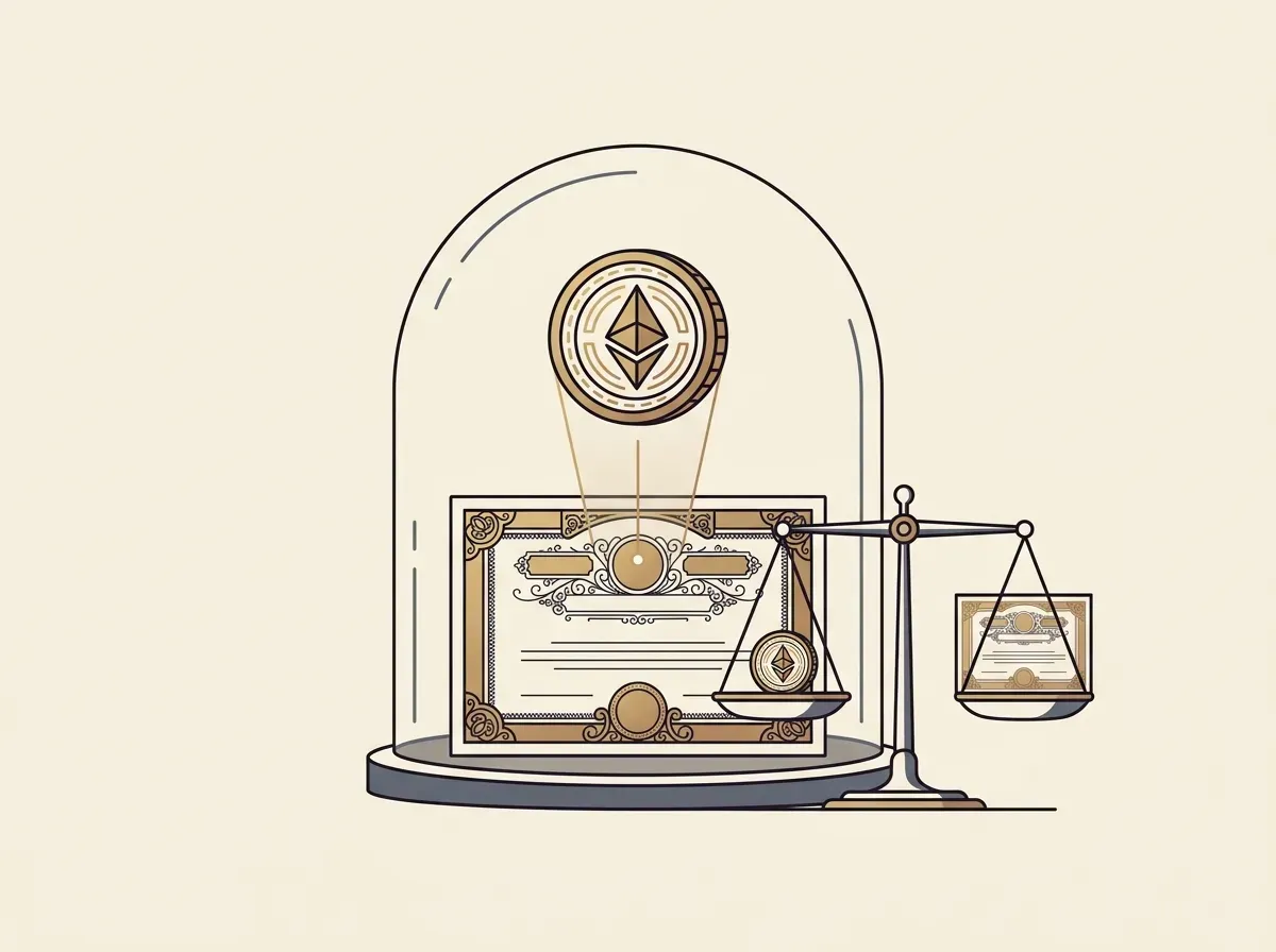 A digital token and a stock certificate under a transparent dome, balanced on a scale, symbolizing 1:1 backing and transparency.