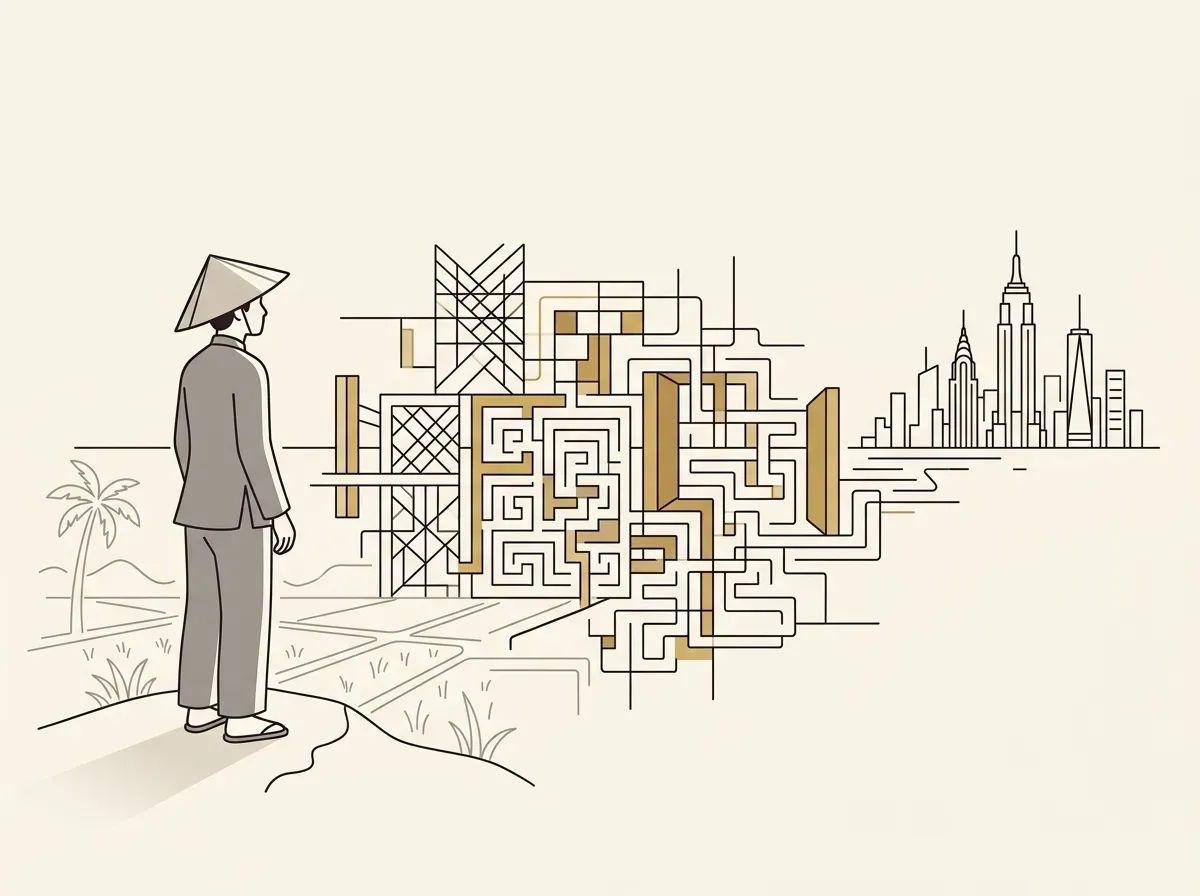 A person in Vietnam facing a maze of barriers when trying to access US stock markets.
