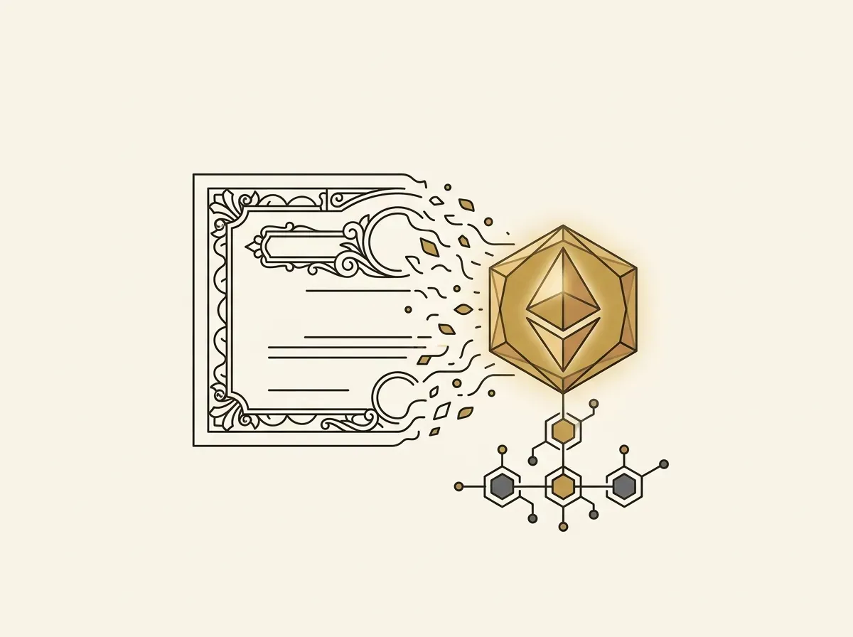A traditional stock certificate transforming into a digital token on a blockchain.