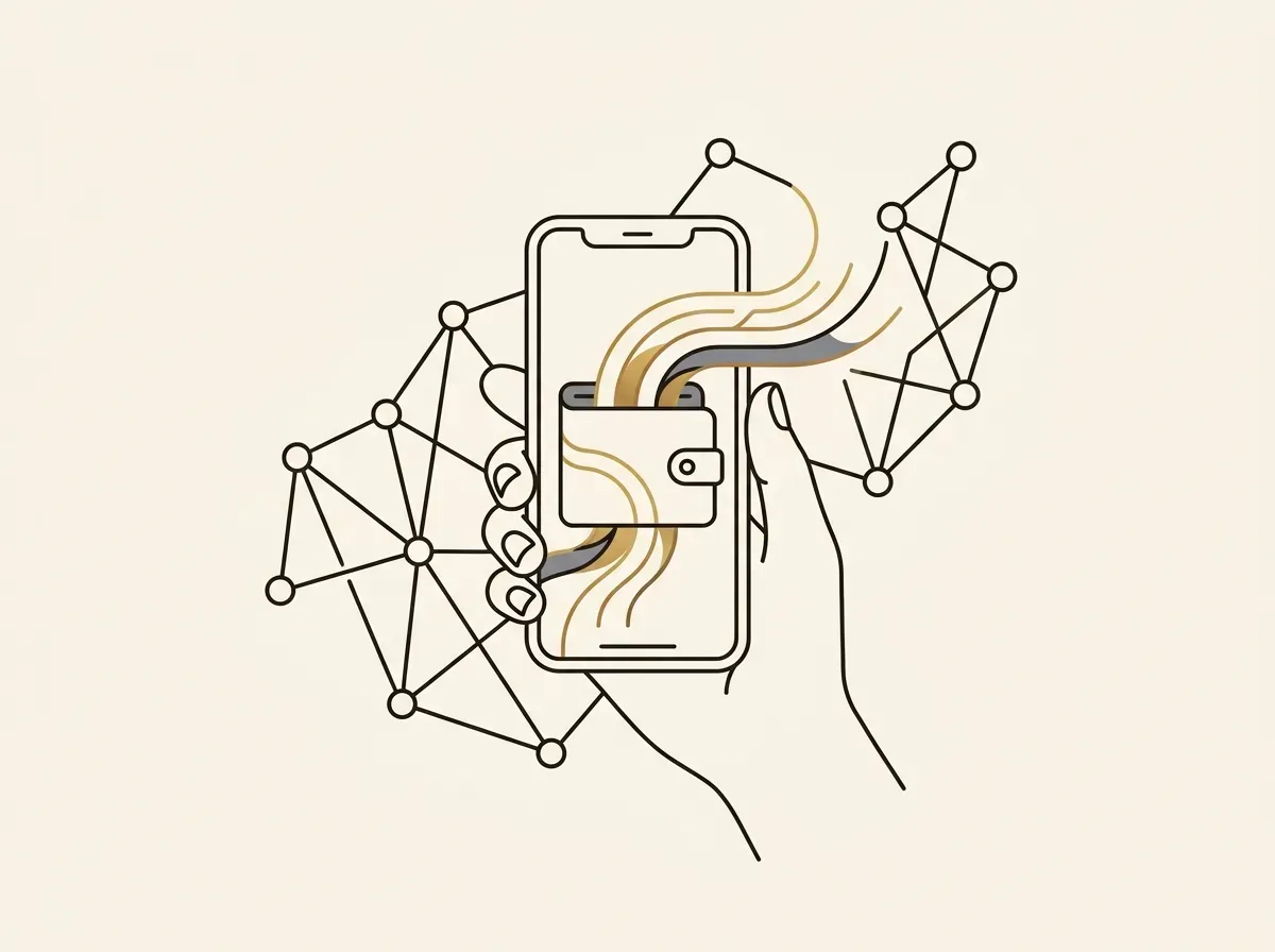 A hand holding a smartphone with a digital wallet, representing self-custody of assets.