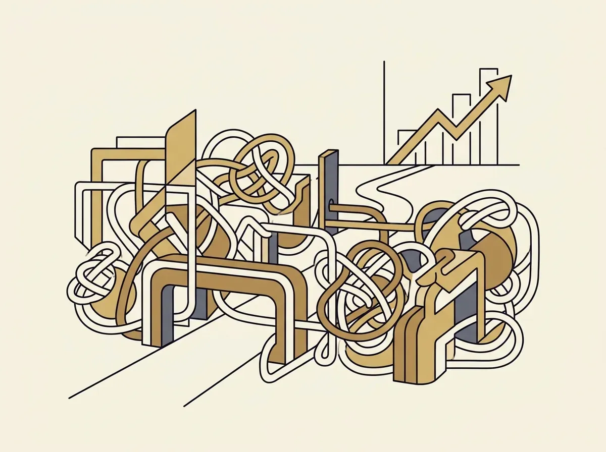Abstract barriers and tangled lines blocking access to a stock market graph.