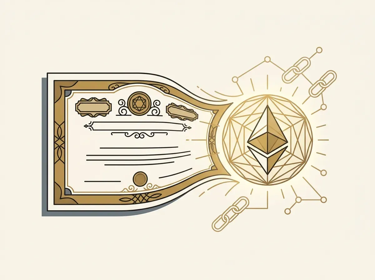 A stock certificate transforming into a glowing digital token with blockchain links.