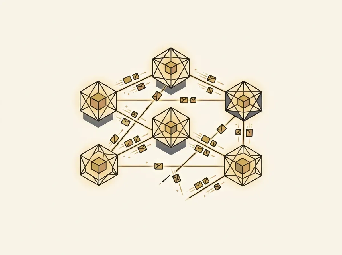 Interconnected blockchain nodes rapidly exchanging data packets, representing fast on-chain settlement.