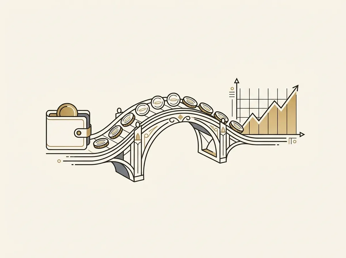 A bridge connecting a crypto wallet to a stock market chart, with stablecoins flowing.