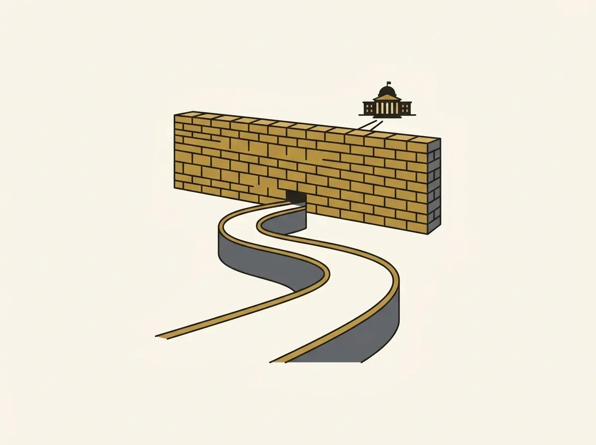 A winding path blocked by a tall brick wall, symbolizing traditional barriers to accessing US stocks.