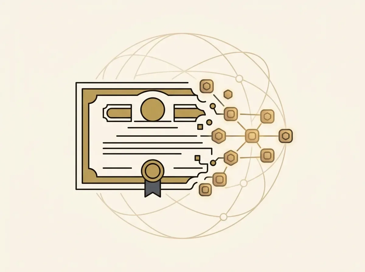 A stock certificate transforming into digital tokens, illustrating tokenized stocks for global access.