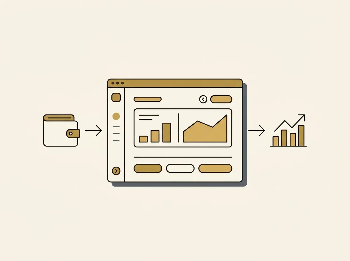 Minimalist user interface showing a flow from a crypto wallet to a stock market icon, representing a step-by-step guide.