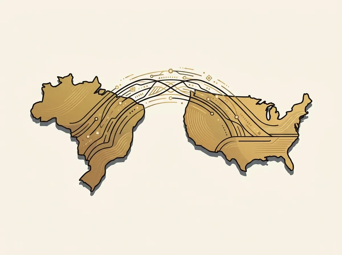 Digital bridge connecting abstract landmasses of Brazil and the US, symbolizing seamless investment.