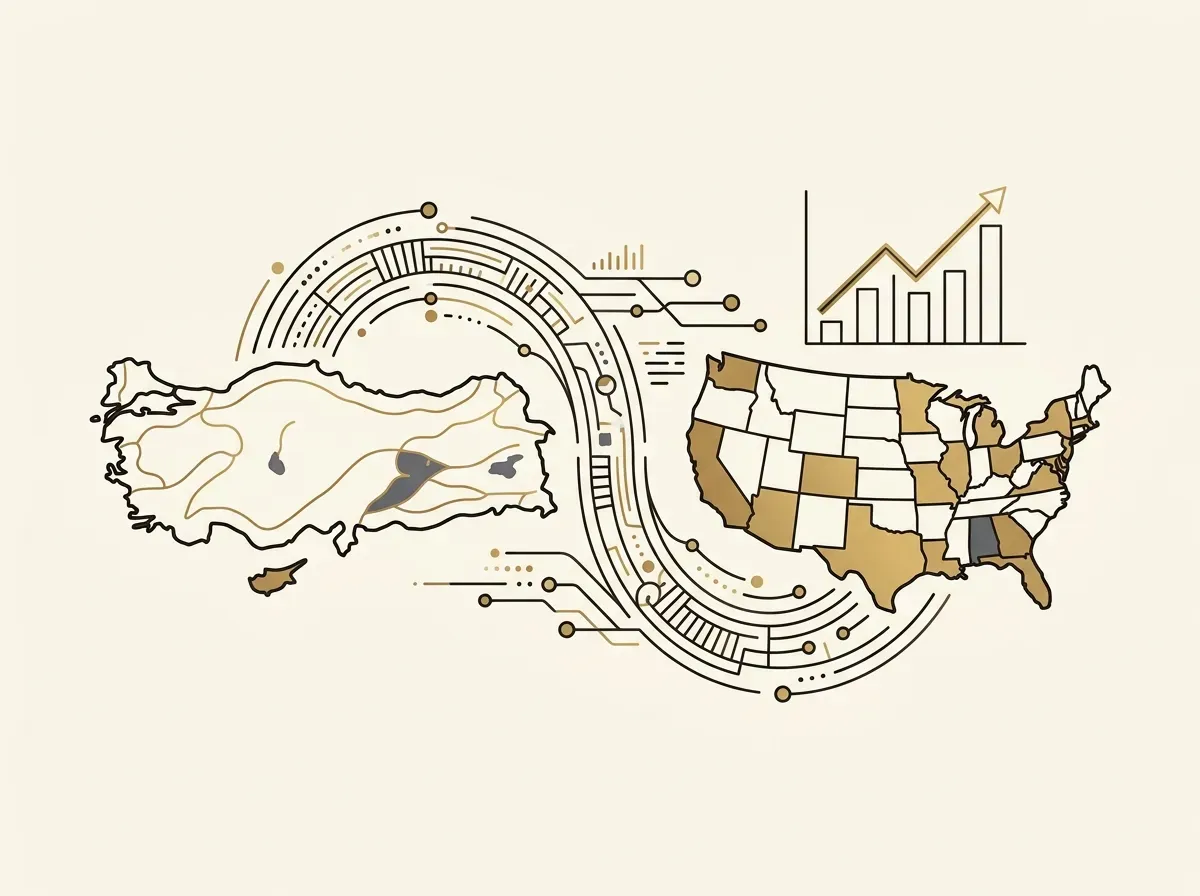 Digital pathway connecting Turkey to the US, with an upward stock market graph.