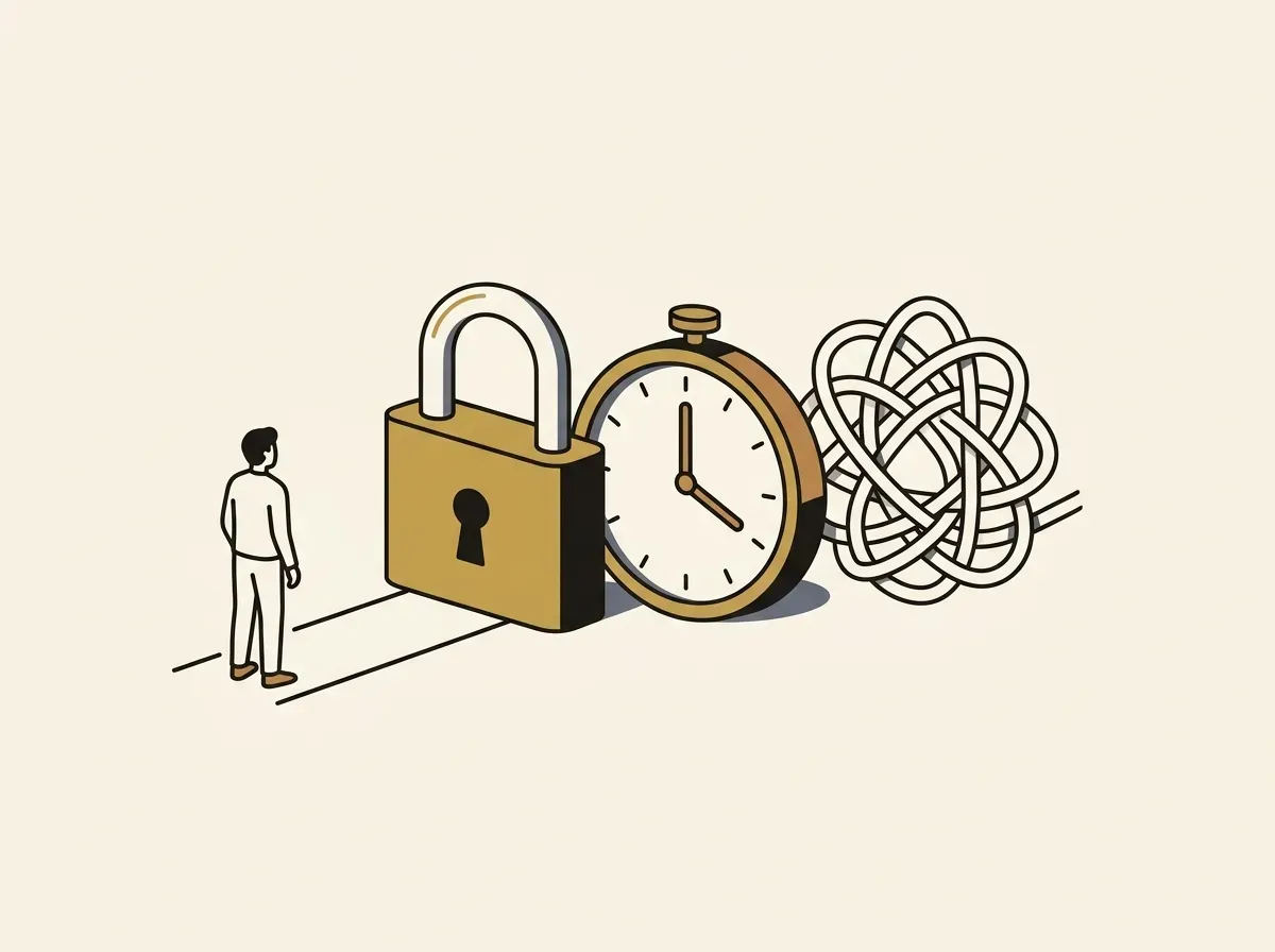 A person facing a path blocked by a padlock, a slow clock, and a tangled knot, symbolizing investment barriers.