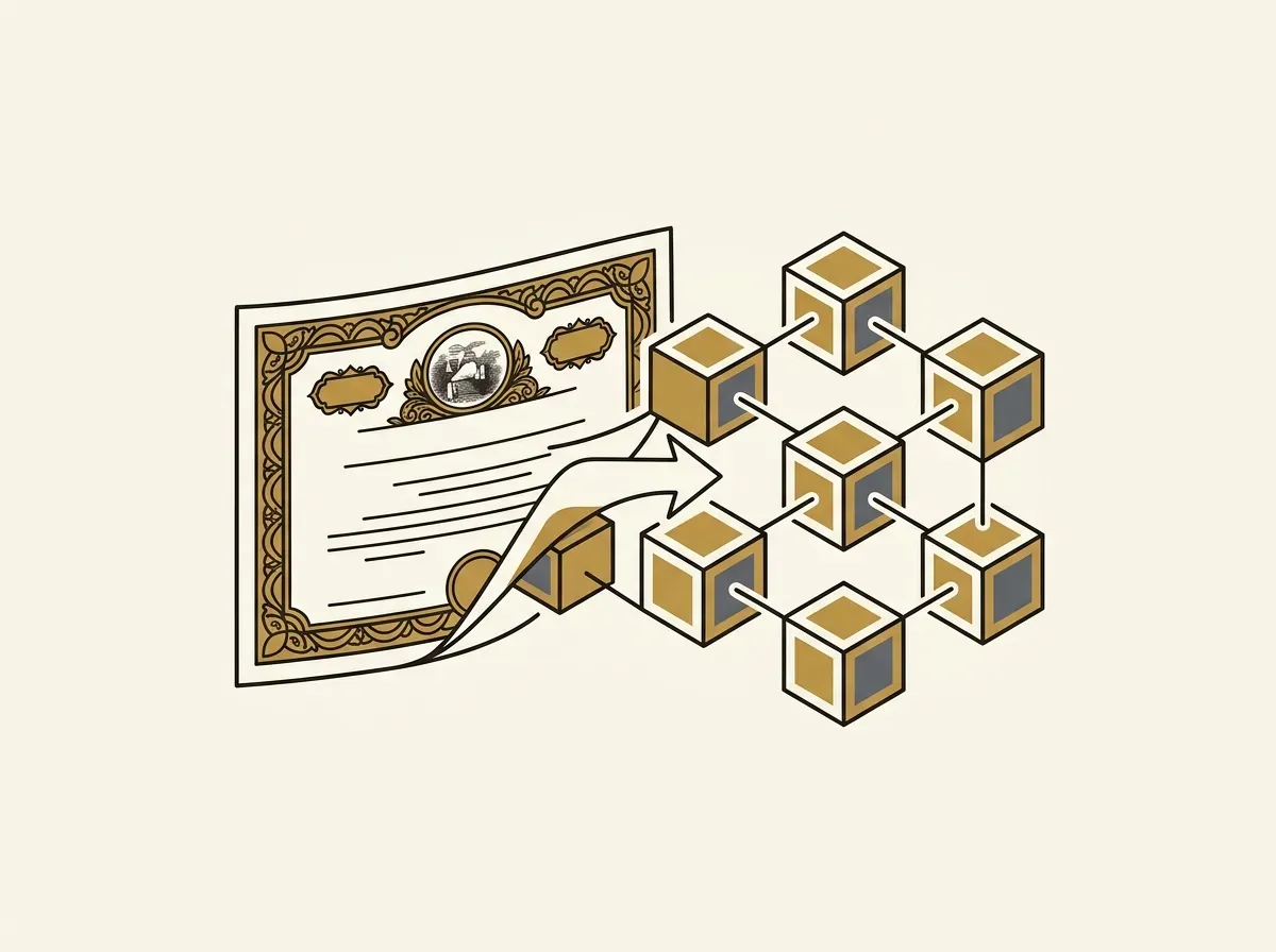 A paper stock certificate transforming into interconnected digital blocks, representing tokenized stocks.