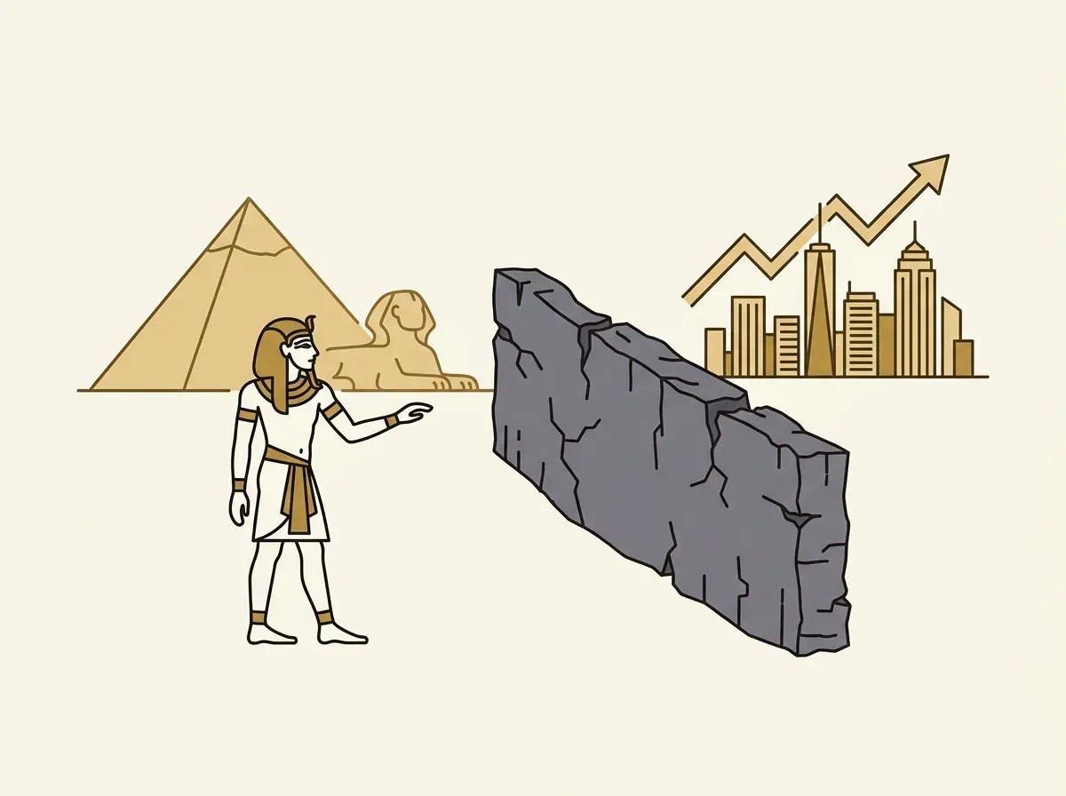 An Egyptian investor faces a cracked wall blocking access to the US stock market, symbolizing traditional financial barriers.