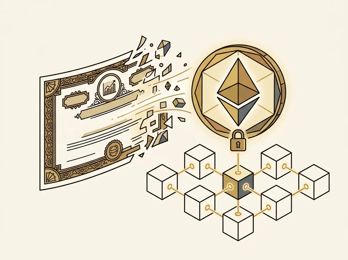 A physical stock certificate transforms into a digital ERC-20 token on a blockchain, symbolizing tokenized stocks.
