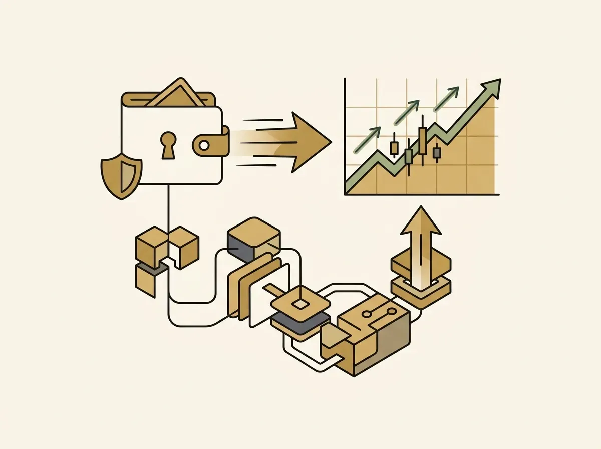 Crypto wallet connected to a stock market chart, with DeFi elements, illustrating fast, permissionless access and composability.
