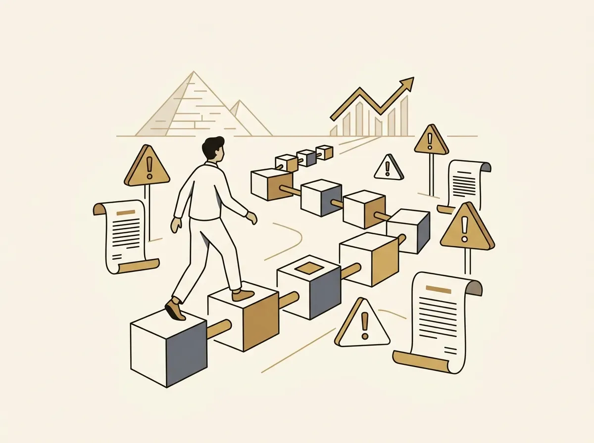 An investor navigates a path of tokenized assets surrounded by warning signs and legal documents, highlighting investment risks and regulations.