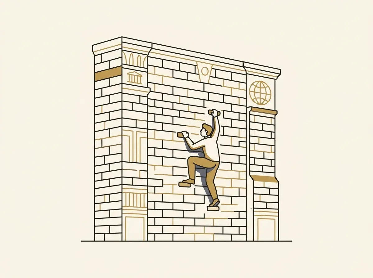 A small figure struggles to climb a tall brick wall, symbolizing investment barriers.