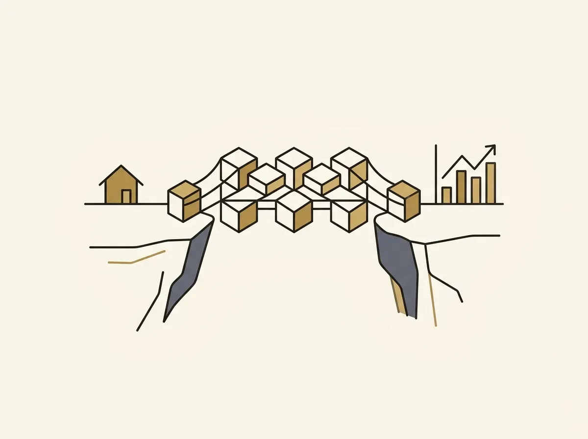 A bridge made of blockchain-like blocks connects two landmasses, one with a house, one with a stock chart.