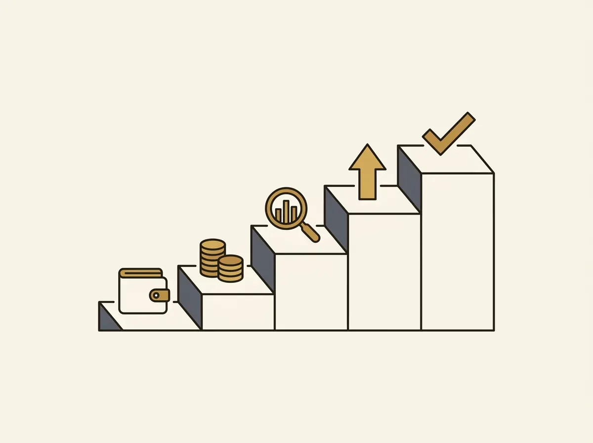 Five ascending steps, each with an icon: wallet, coins, magnifying glass, arrow, checkmark, illustrating a process.