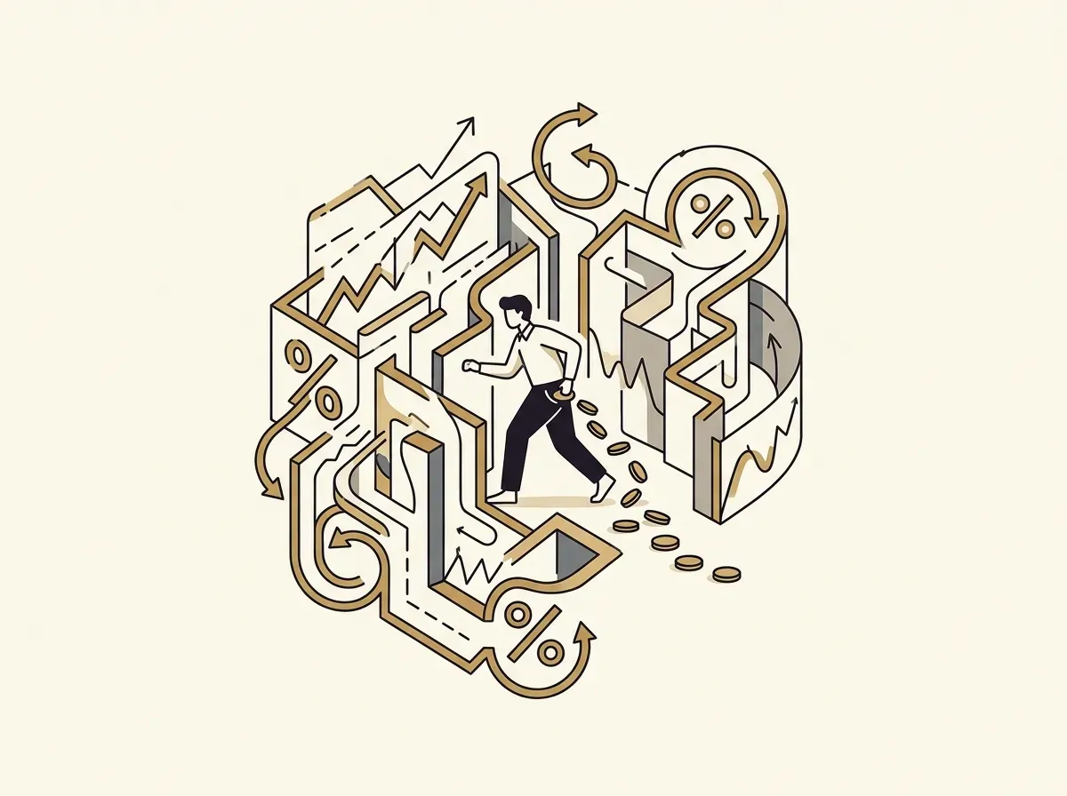 Person navigating a complex maze of financial hurdles, losing money, symbolizing traditional investment challenges.