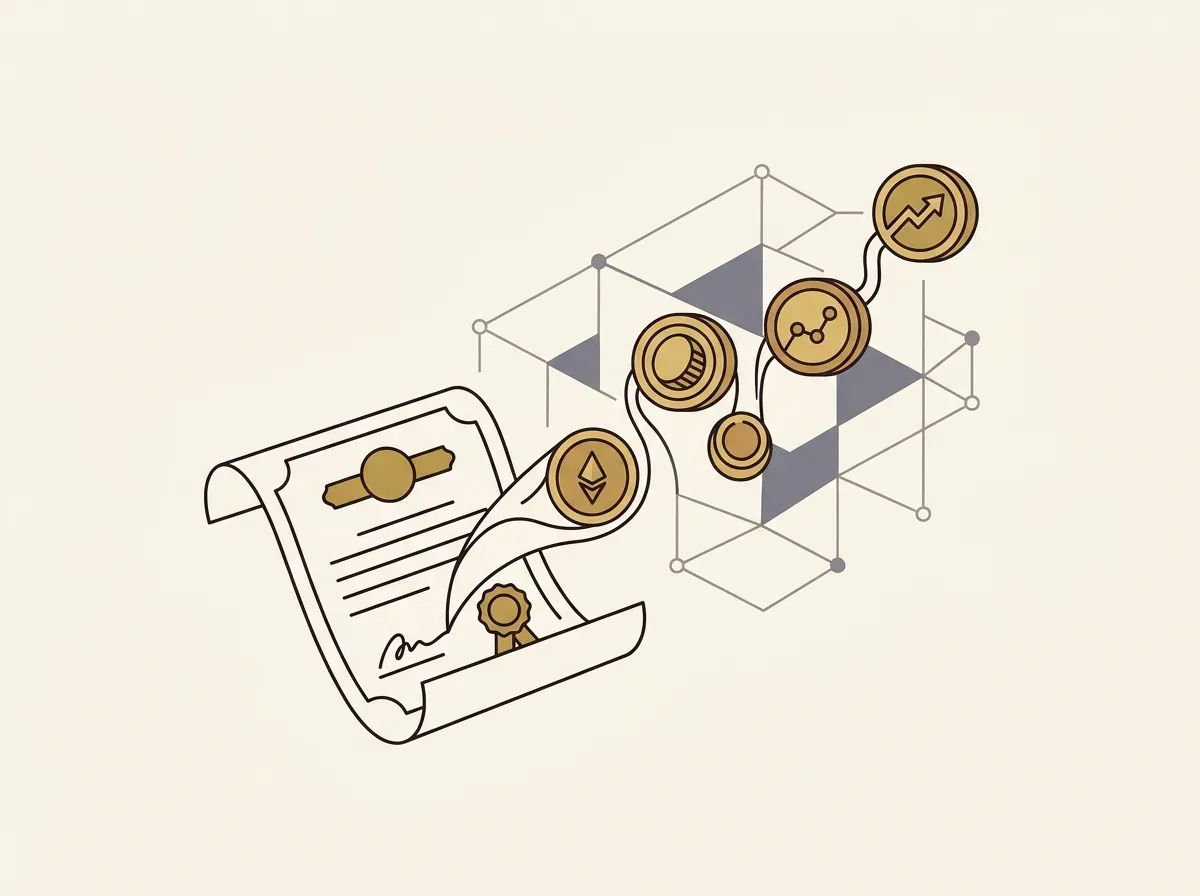 A stock certificate transforming into digital tokens on a blockchain, symbolizing tokenized US stocks.