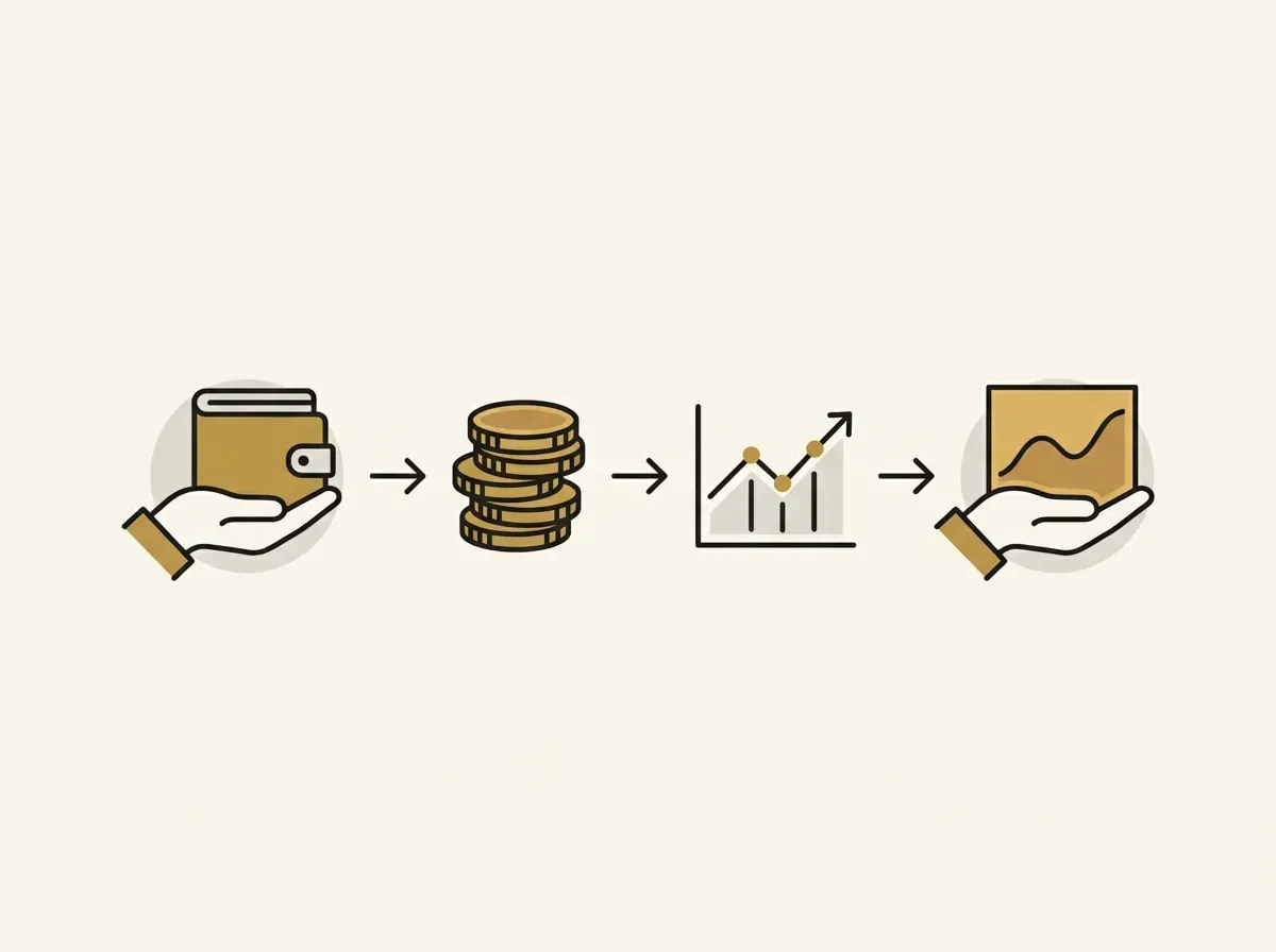 A visual step-by-step guide: digital wallet, crypto deposit, stock chart, and portfolio management.