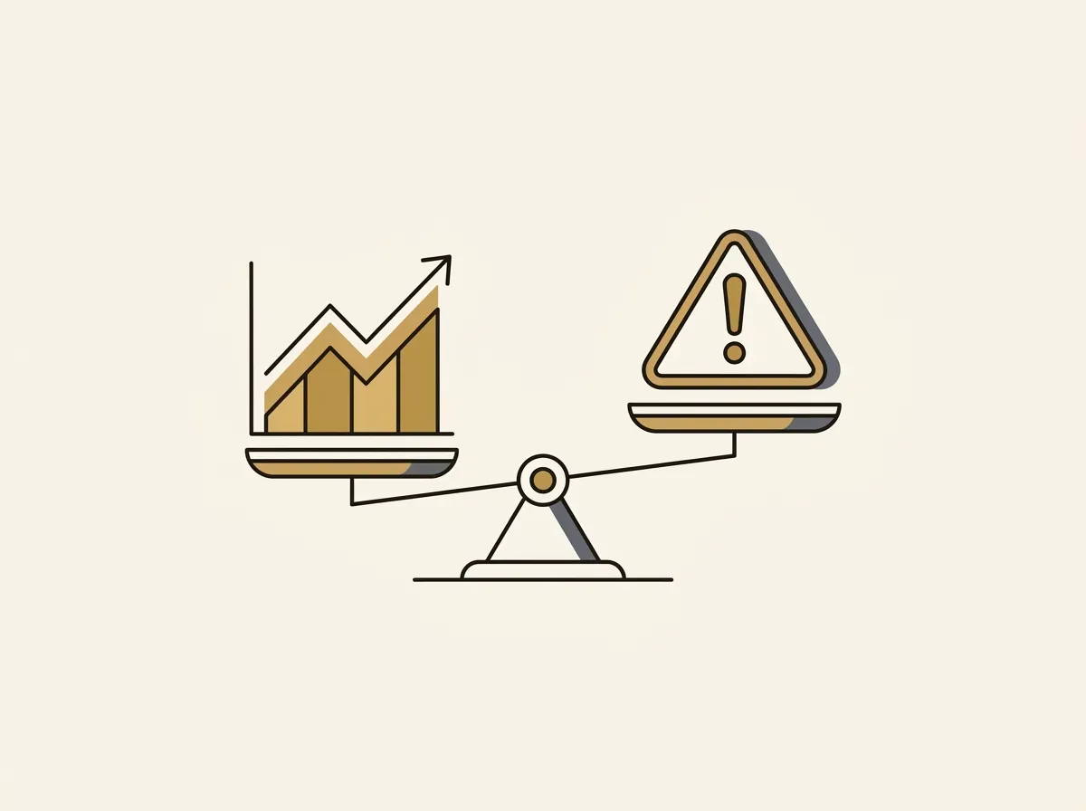 A balance scale weighing investment opportunities (stock chart) against inherent risks (warning sign).
