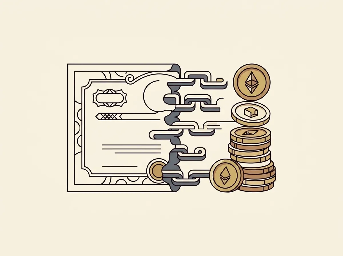 Illustration showing a paper stock certificate transforming into digital tokens on a blockchain.