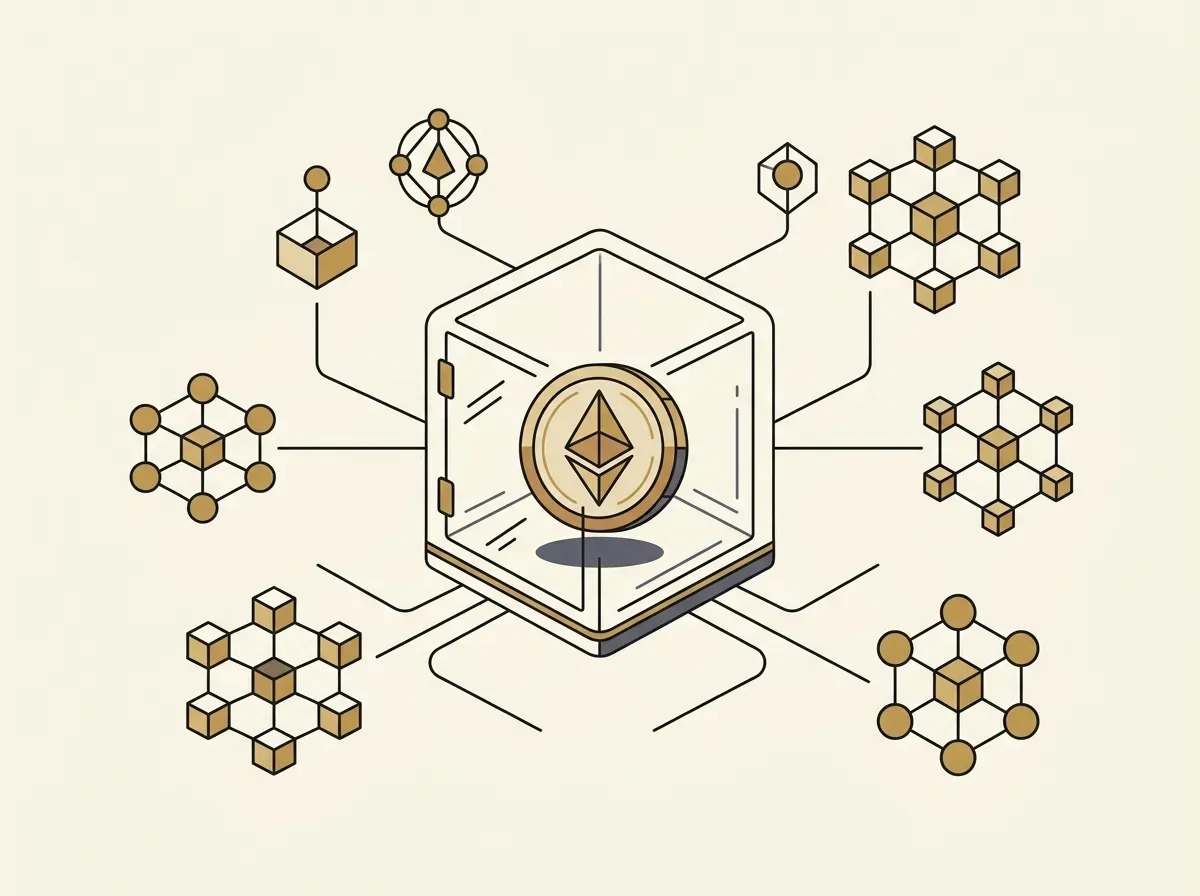 Illustration of a secure digital token inside a transparent ledger, linked to multiple EVM blockchain networks.