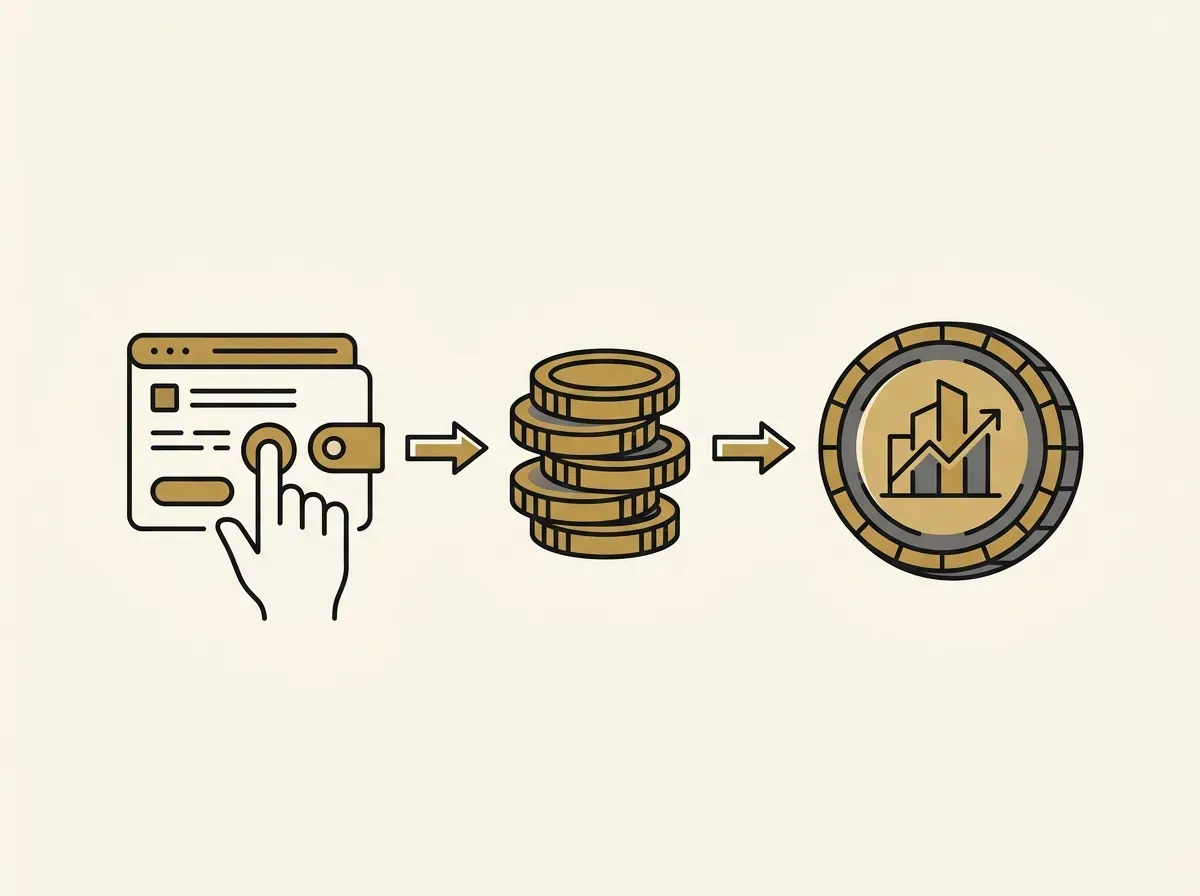 Illustration showing a three-step process for buying tokenized stocks: wallet interaction, depositing funds, and acquiring a token.