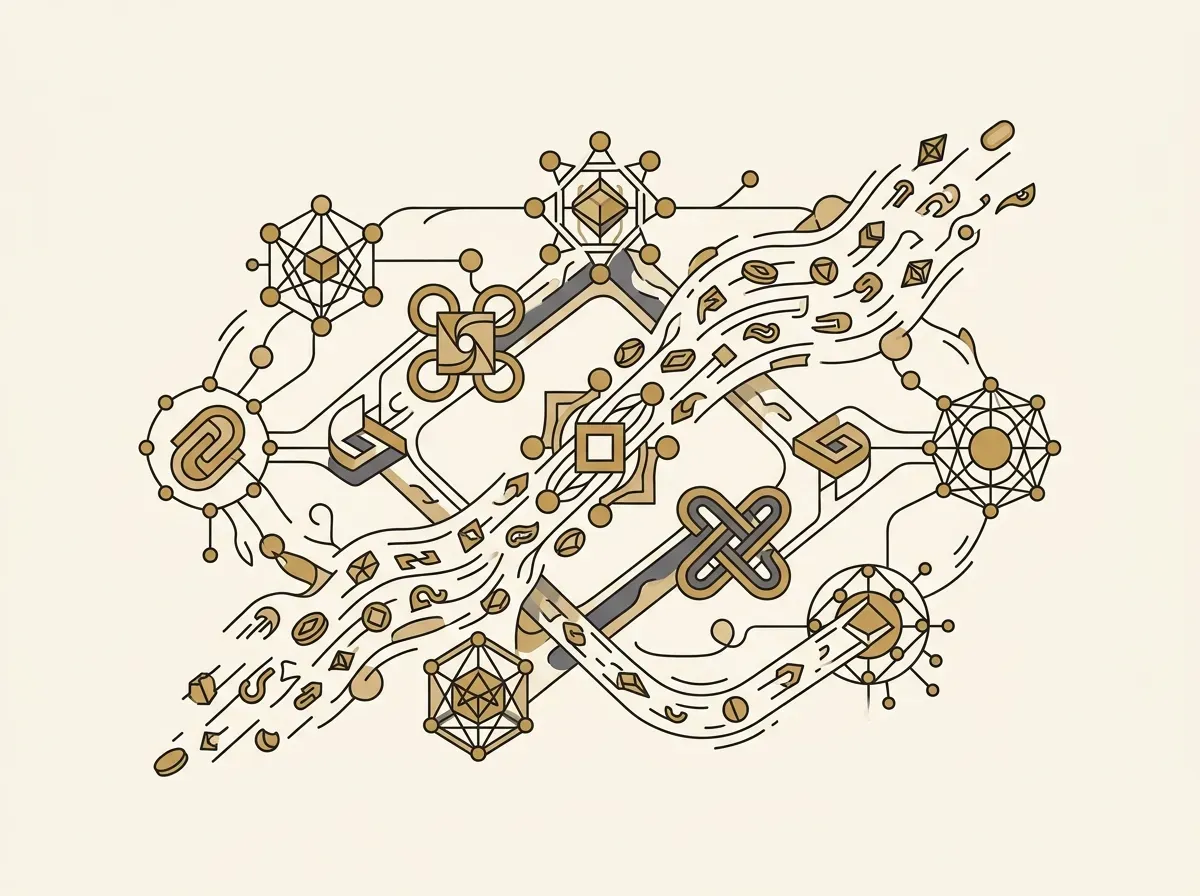 Illustration of a high-speed blockchain network with numerous digital tokens in rapid motion.