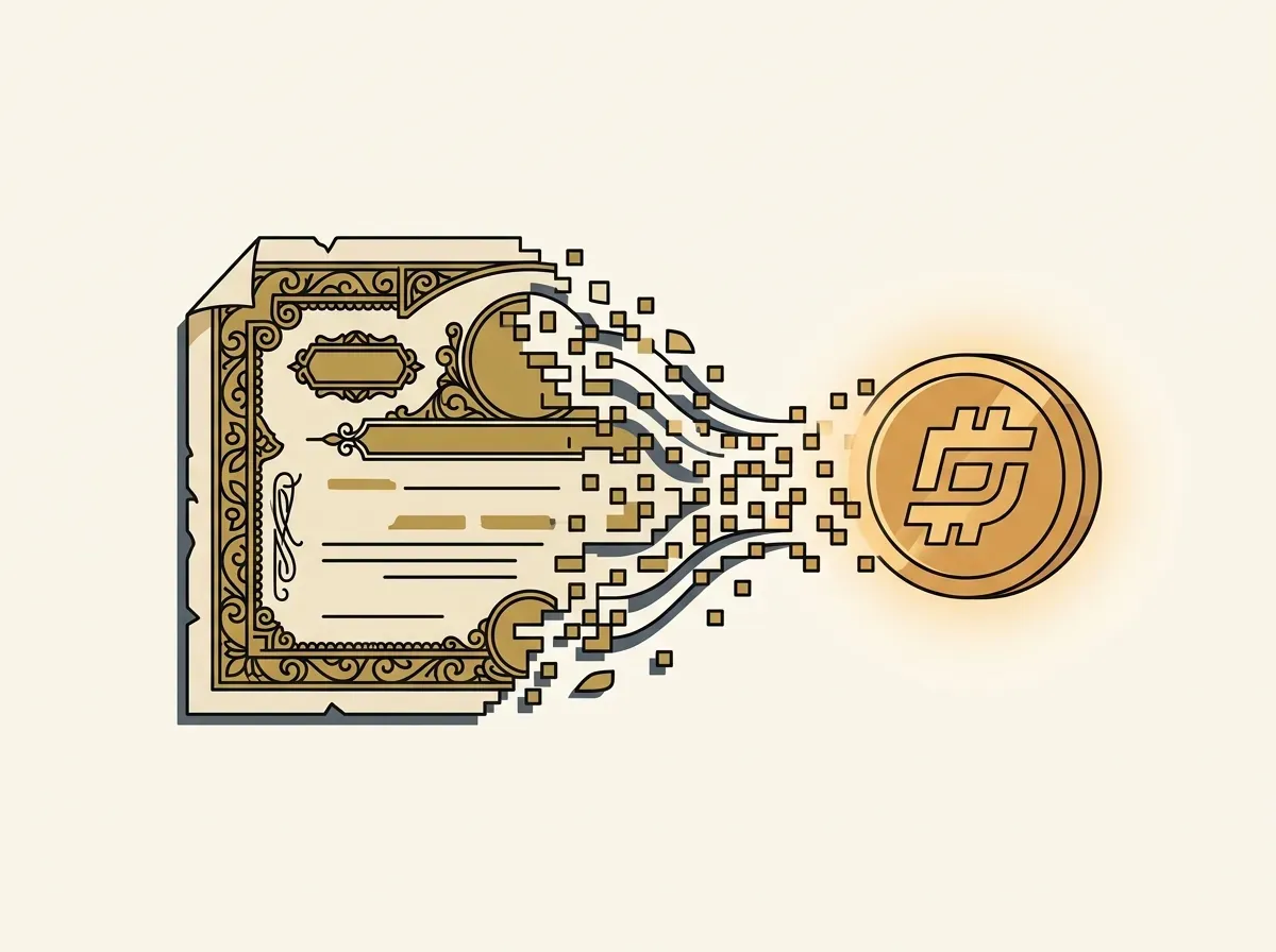Stock certificate transforming into a digital token, representing tokenized stocks.