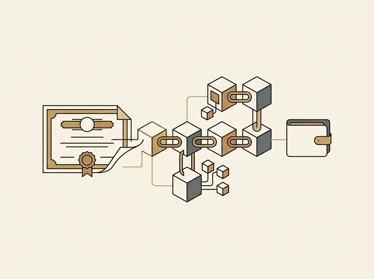 Stock certificate transforming into blockchain tokens, illustrating tokenized stocks and fractional ownership.