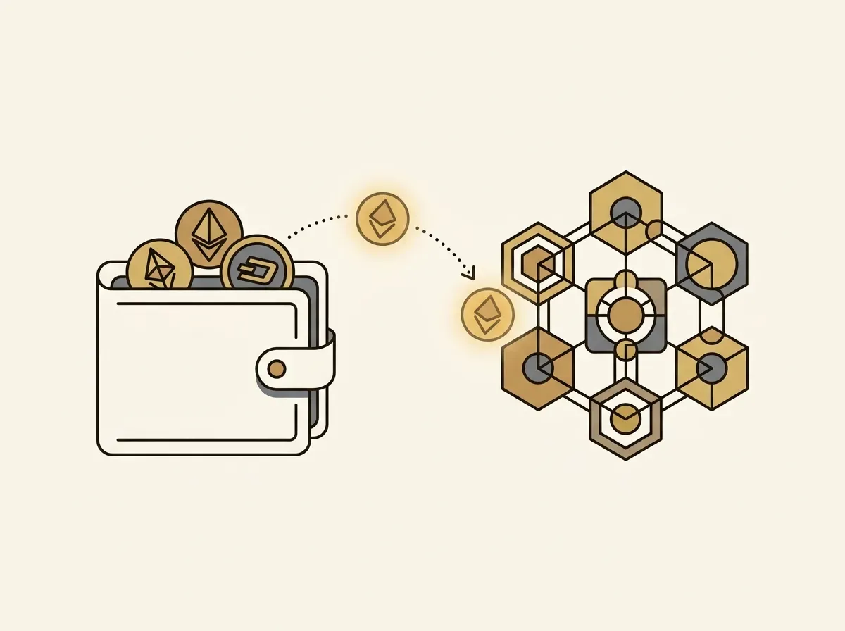 Digital wallet holding tokens, with one token moving towards abstract DeFi protocol shapes.