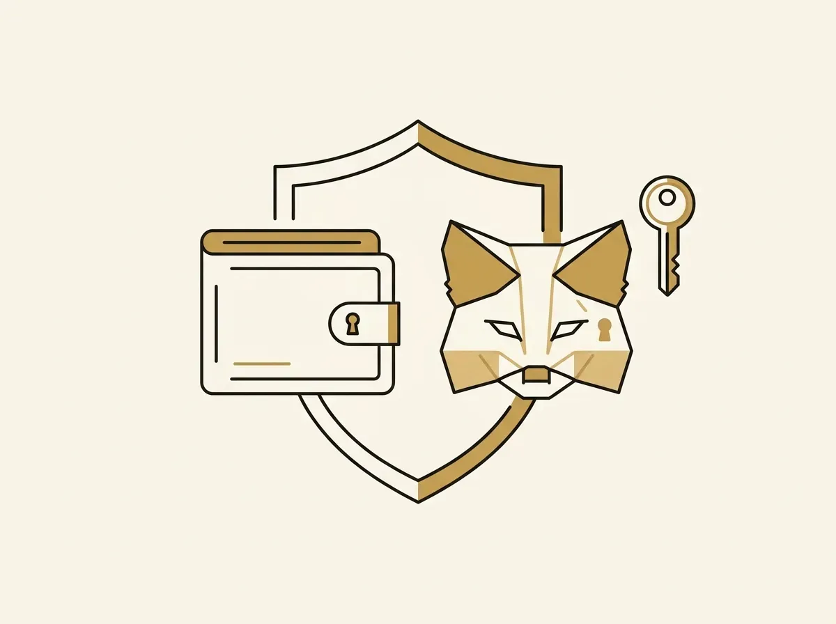 Two digital wallets, one embedded and one external (fox-head), protected by a shield, symbolizing security and self-custody.