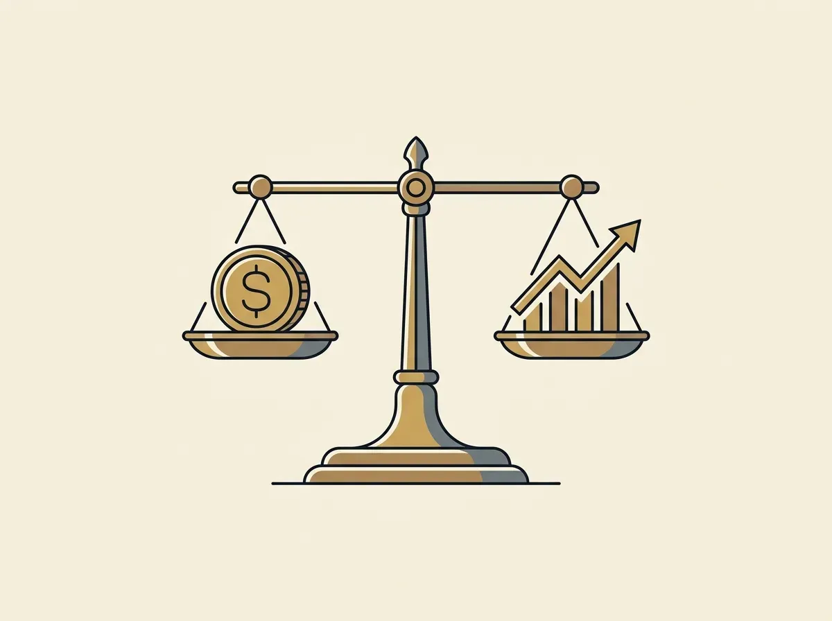 A balanced scale with a dollar coin on one side and a stock chart on the other, symbolizing stablecoins' role in stabilizing tokenized stock trading.