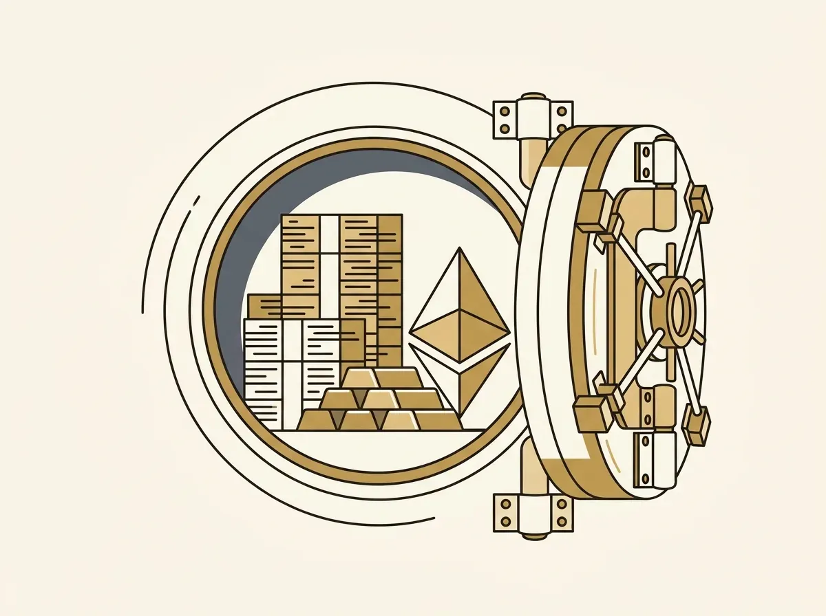 A vault door revealing abstract representations of treasury bills, gold, and digital assets, symbolizing Tether's reserve composition.