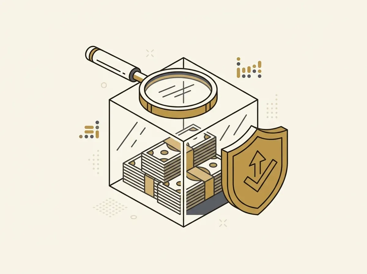 A clear glass box with dollar bills and a magnifying glass, next to a shield, symbolizing USDC's transparency and regulatory compliance.