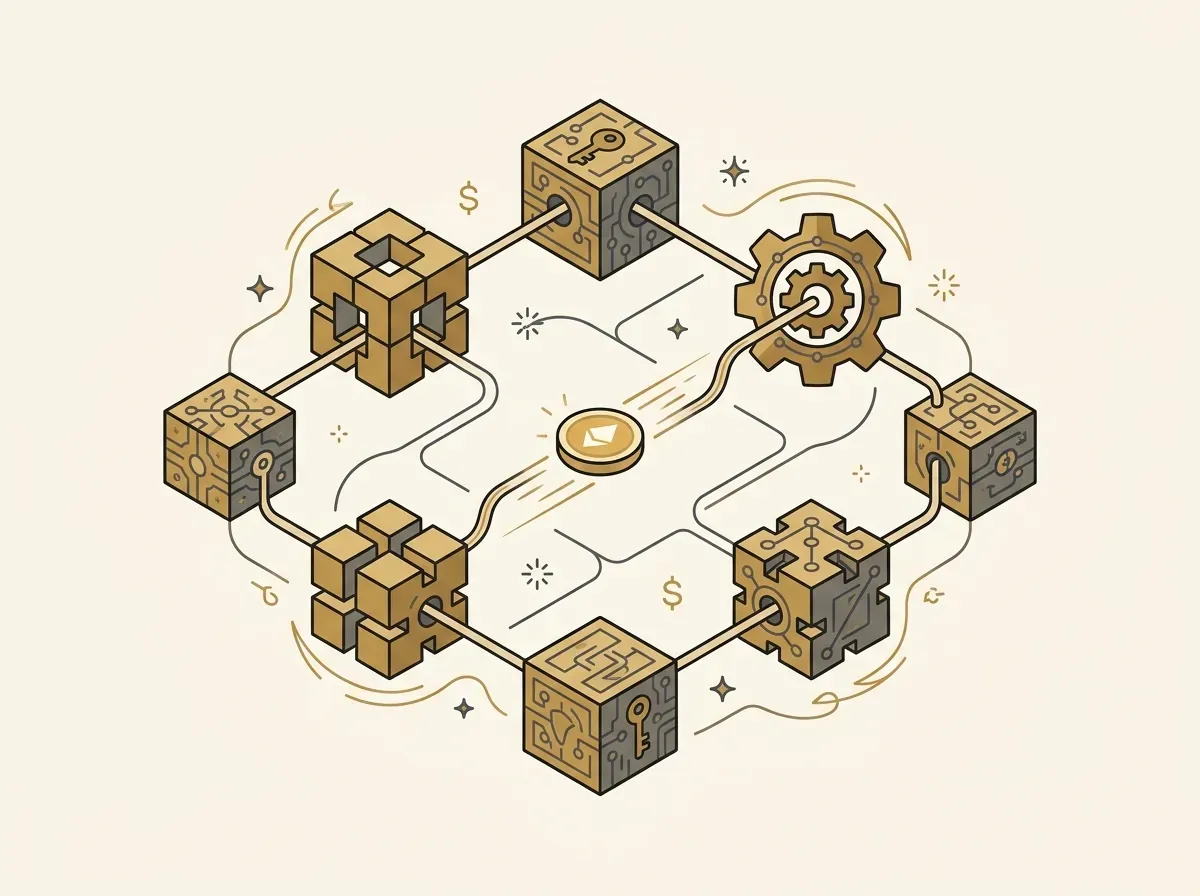 Interconnected blockchain nodes with a token flowing between them, symbolizing EVM compatibility.