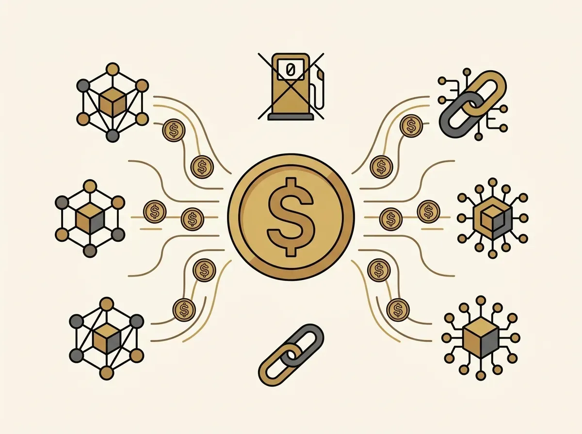 Stablecoins from multiple blockchains flowing into a central balance, with a crossed-out gas pump symbolizing gas abstraction.