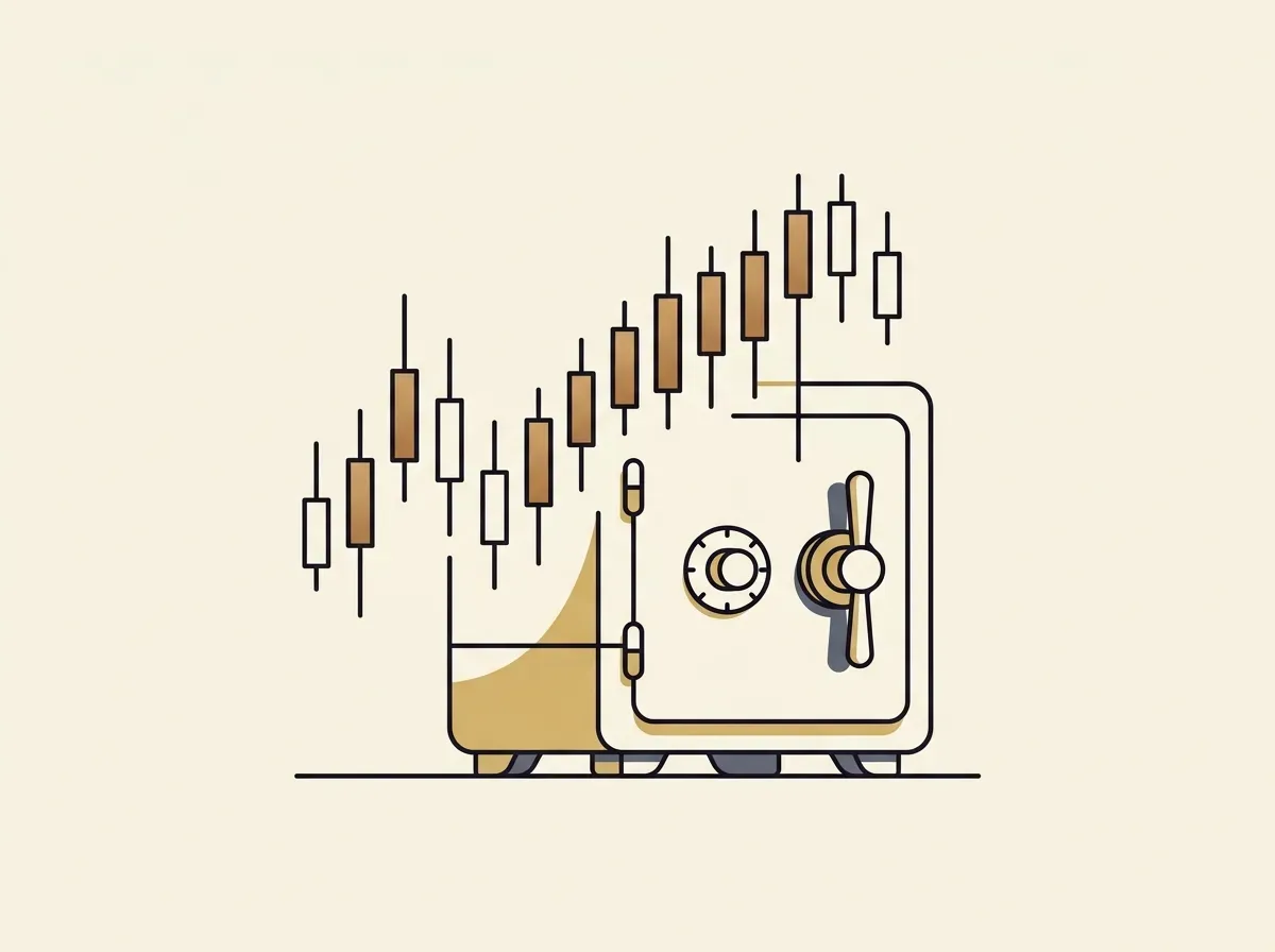 A stock candlestick chart visually linked to a secure vault, representing 1:1 asset backing.