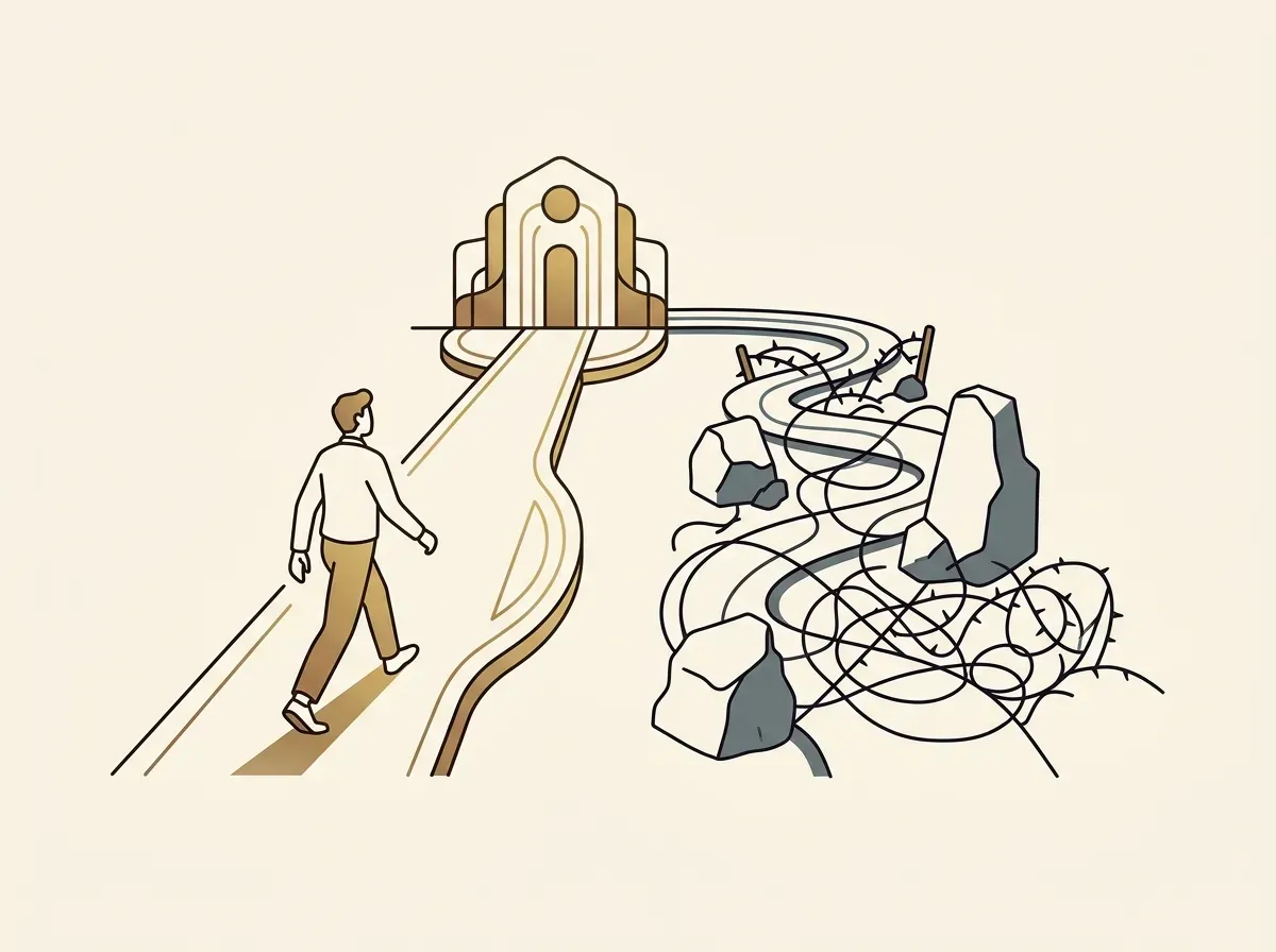 A smooth, clear path representing simplified user experience, contrasting with a difficult, obstructed path.