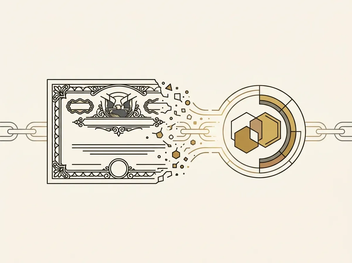 A paper stock certificate morphing into a digital token on a blockchain.
