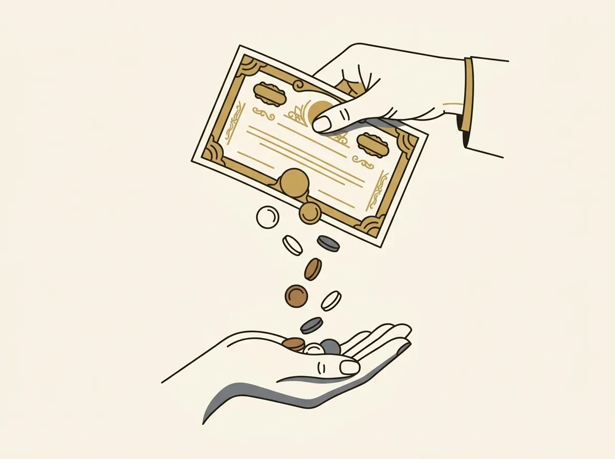 Hand holding a stock certificate with coins falling into another open palm, representing traditional cash dividends.