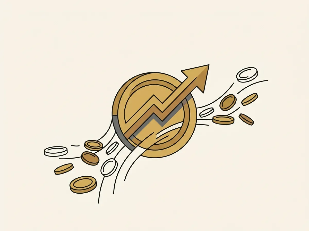 Small coin shapes flowing into a larger digital token, symbolizing dividends reinvested and increasing the token's value.