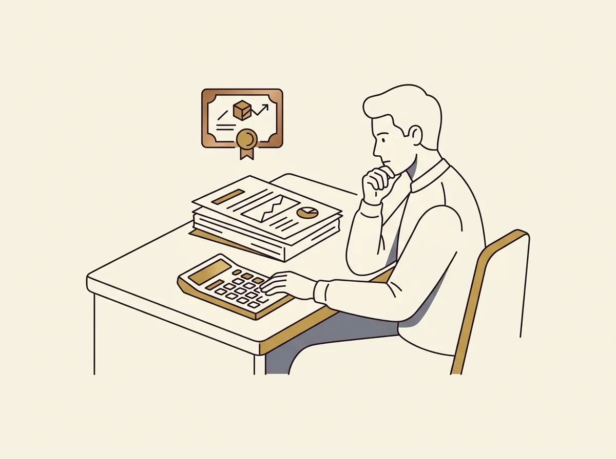 Person at desk with documents and calculator, contemplating tax obligations for a tokenized asset.