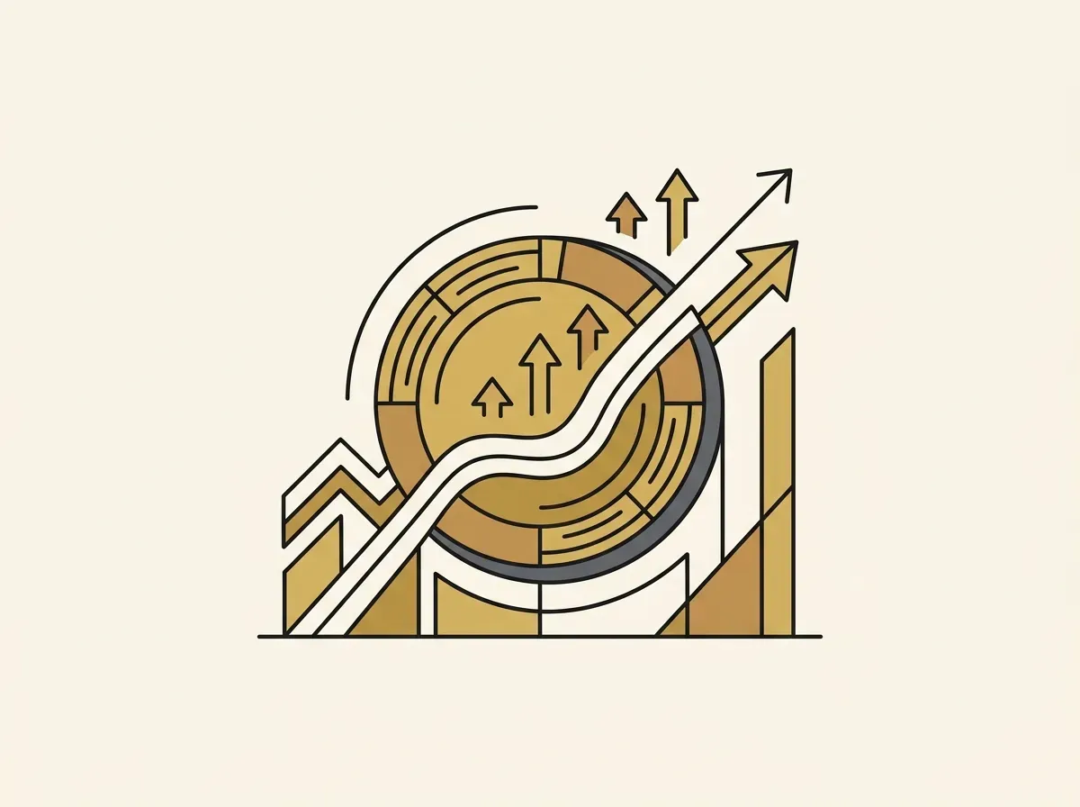 Stylized token with upward arrows, representing growth from reinvested dividends in a total-return NAV model.