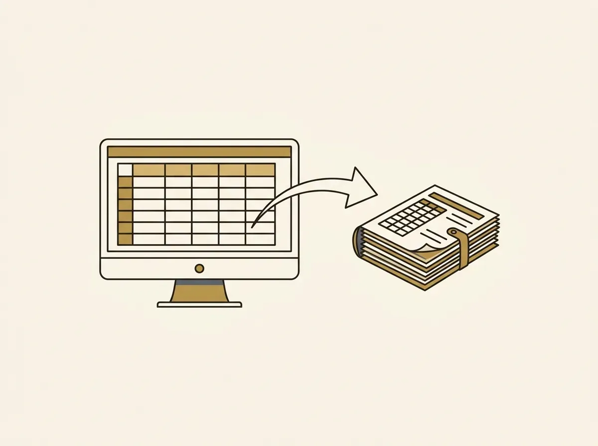 Computer screen with a spreadsheet and an arrow pointing to documents, symbolizing data export for tax reporting.