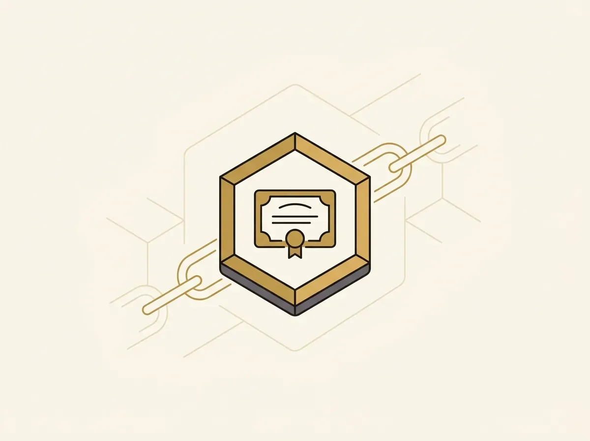 A digital token containing a stock certificate icon, linked to a blockchain network, representing tokenized stocks.