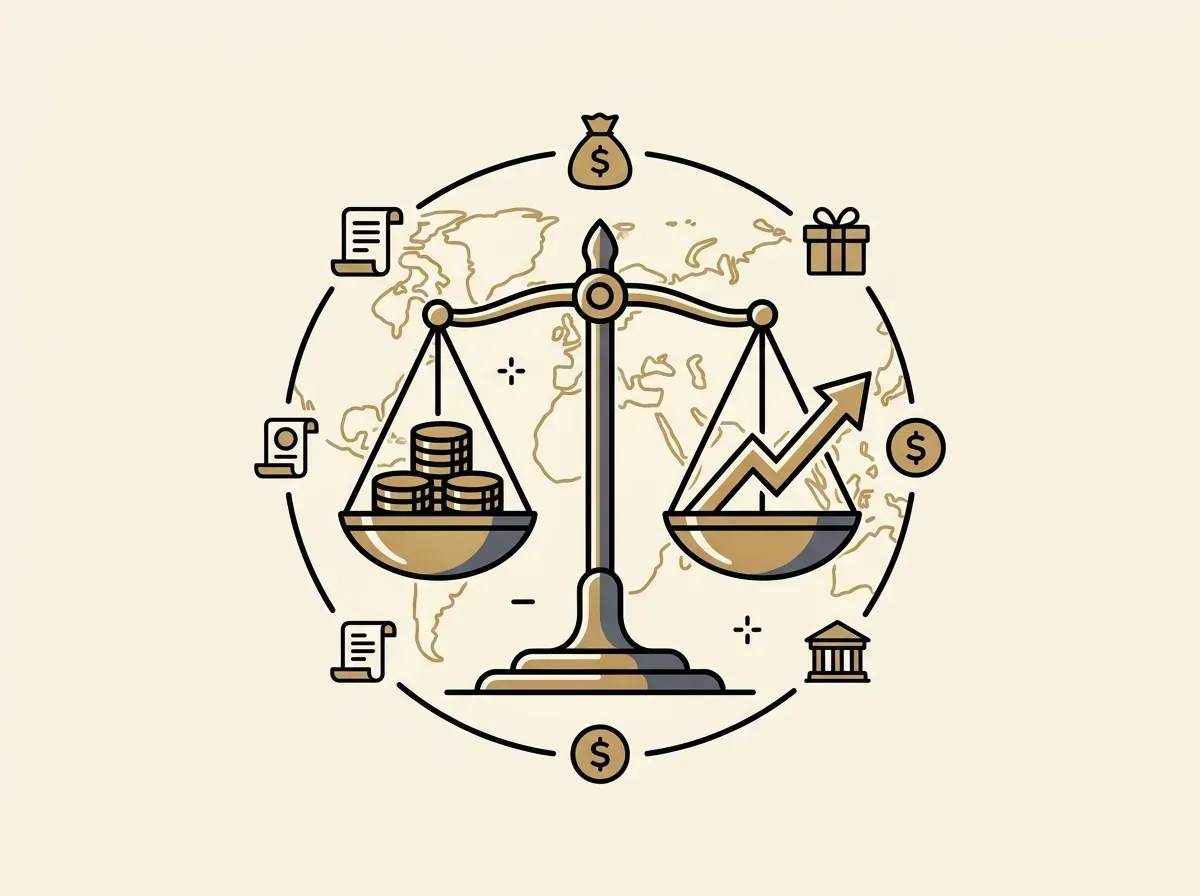 A balanced scale weighing digital assets against capital gains, surrounded by icons for income and other taxes, all within a world map.